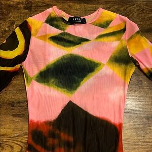 AKIRA Pink and Yellow Ribbed Bodysuit with 3/4 Sleeves